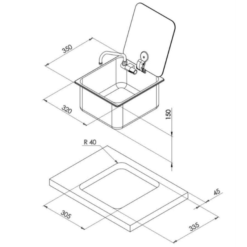 Spüle mit Rauchglass-Abdeckung 325x350 mm
