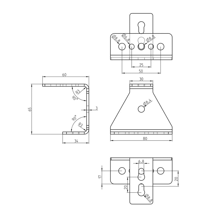 Dachträger Winkel 65mm 90° schwarz für Airlineschiene