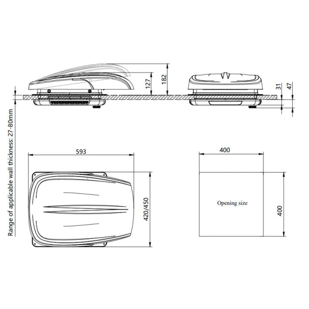 AirFlow Dachfenster 40×40 cm – transparent mit schwarzem innenleben, Fernbedienung, LED, Insektenschutz & Verdunkelung