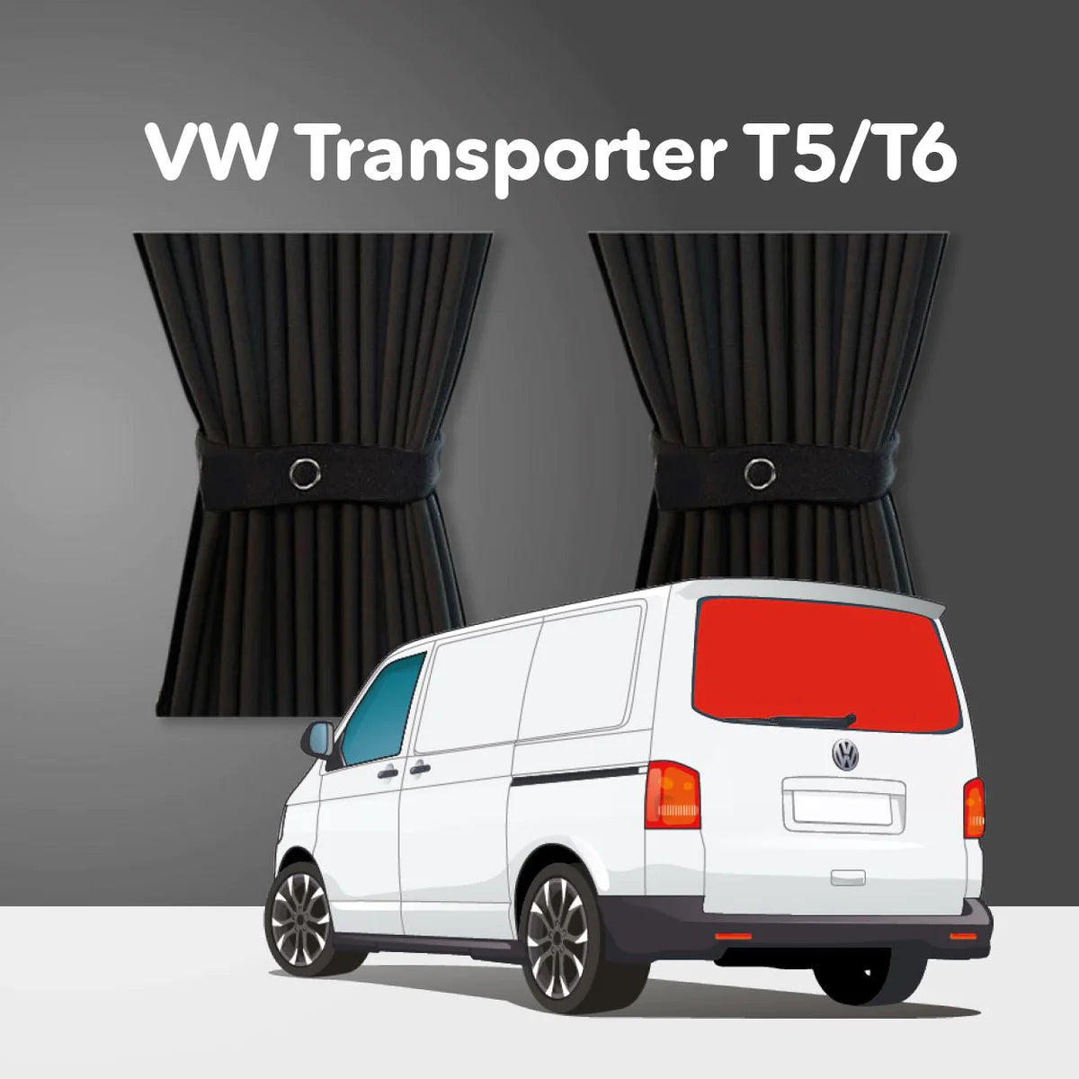 Vorhang Set für VW Transporter T5 bis T6.1 (2003-2024) - Heckklappe mit Scheibenwischer (Standard Schwarz)