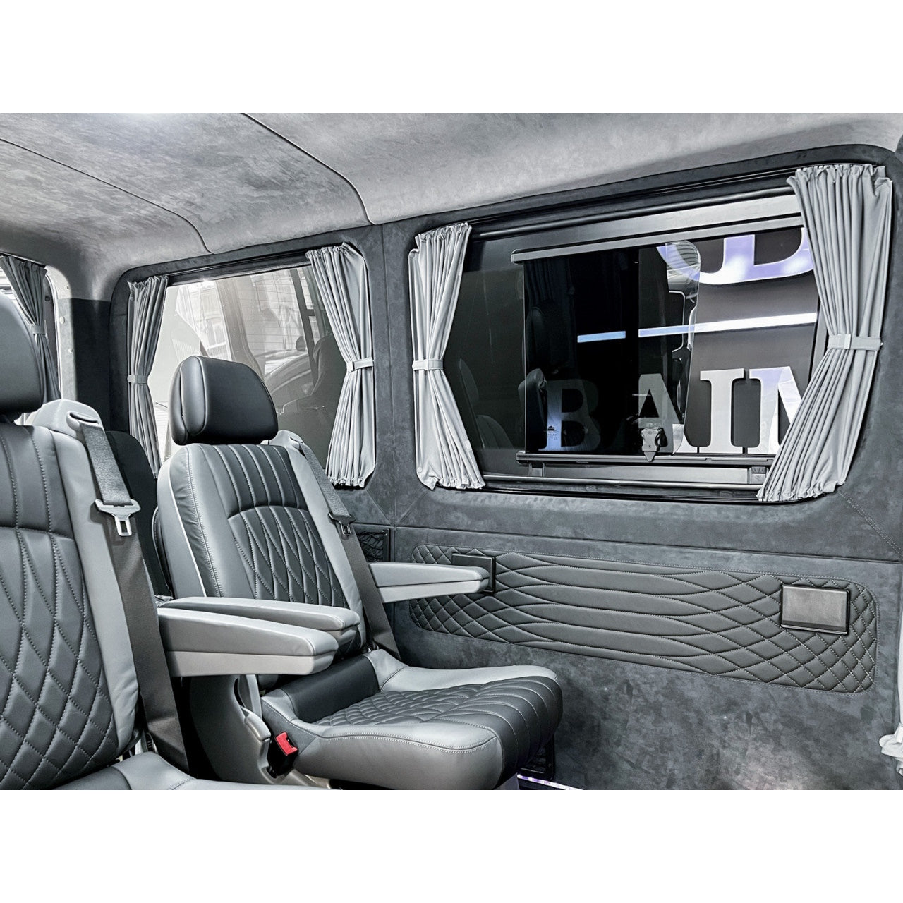 Grau Autogardinen VW T5/T6 Shuttle/Caravelle/Highline/Multivan Komplettset + Frontgardine für Einfache Schiebetür