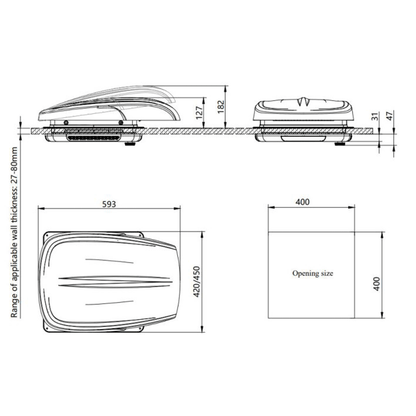 AirFlow Dachfenster 40×40 cm – transparent mit schwarzem innenleben, Fernbedienung, LED, Insektenschutz & Verdunkelung