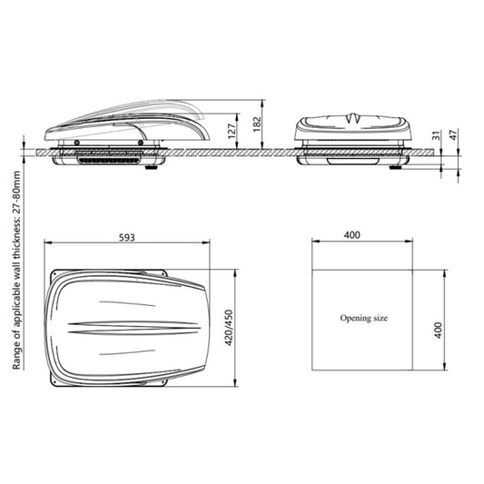 AirFlow Dachlüfter 40×40 cm – transparente Haube mit schwarzem innenleben, Fernbedienung, LED, Insektenschutz & Verdunkelung