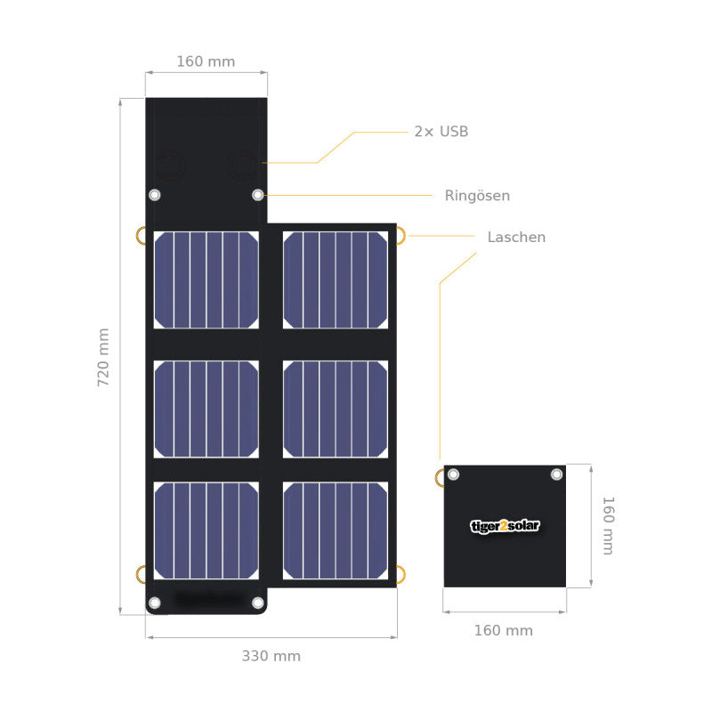 Solartasche 20Wp "nano tiger 20/USB" mit 2xUSB (super klein faltbar, 6x3-5W)