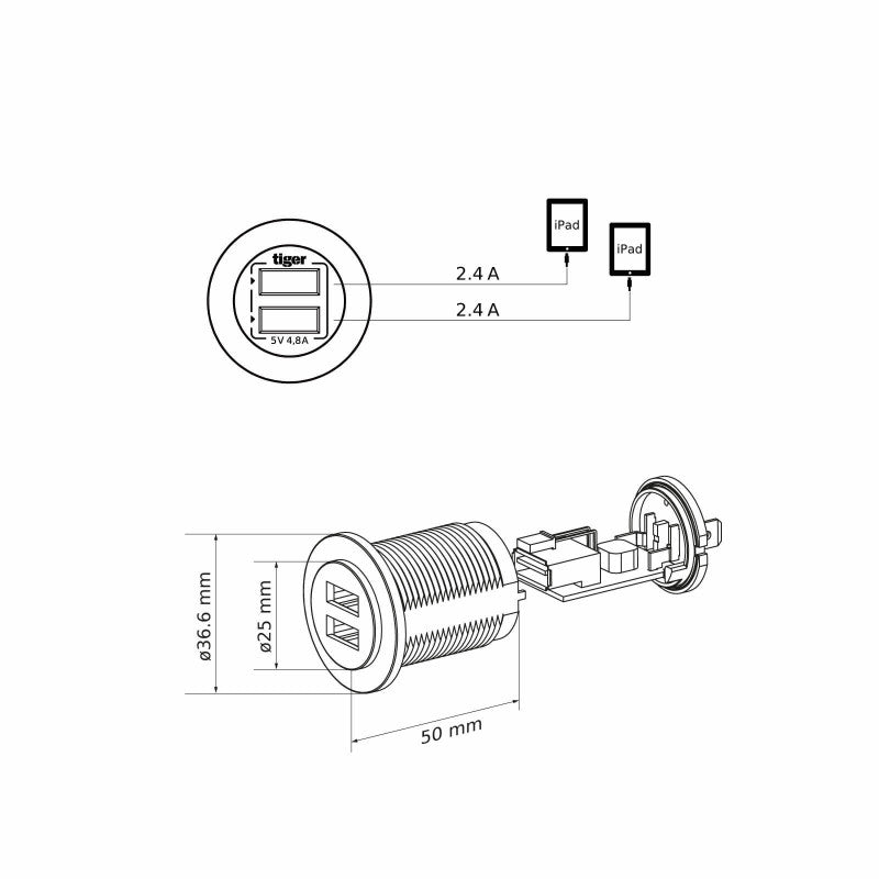 USB Steckdose Dual, 2 x 2,4A 12V/24V, Einbau-Montage – Vanstudio