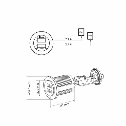 USB Steckdose Dual, 2 x 2,4A 12V/24V, Einbau-Montage