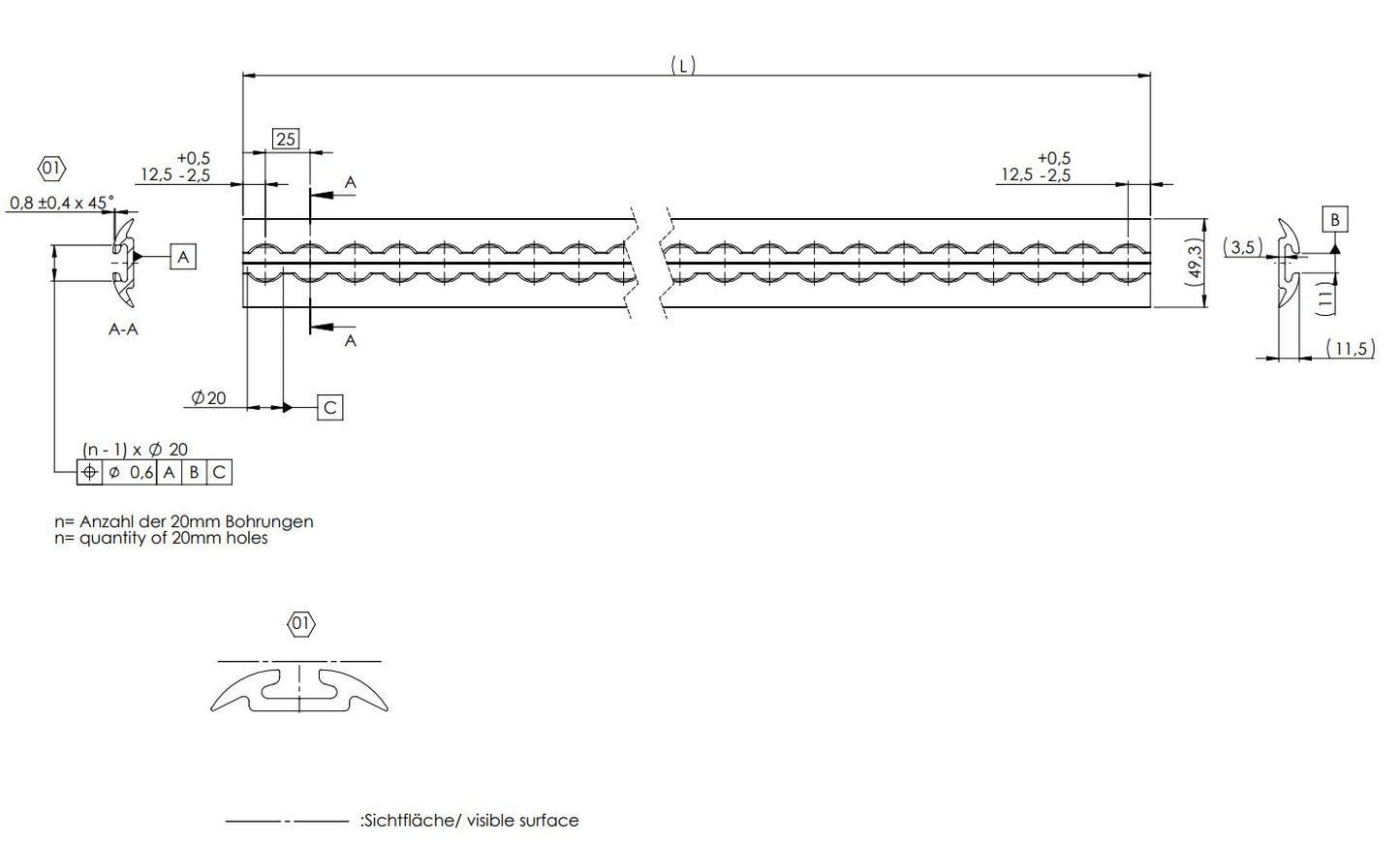 Airlineschiene halbrund 2000 mm schwarz pulverbeschichtet